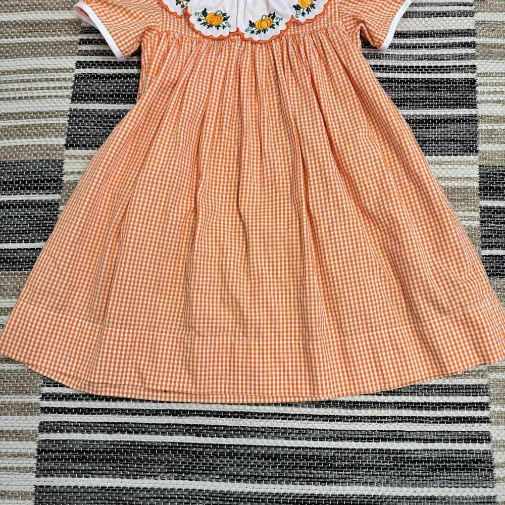 Addie &‎ Hadlie Dress Girls 4T Orange Gingham Pumpkin Embroidered Fall Holiday